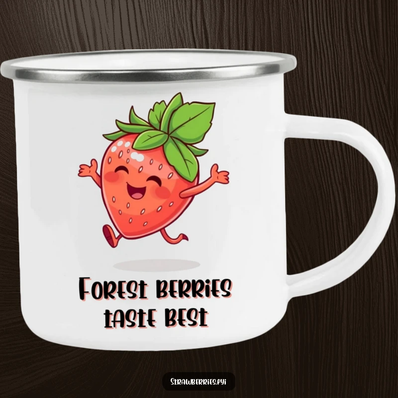 Funny camping mug with a happy strawberry character in a joyful hop, perfect for enjoying drinks outdoors with a touch of fruity humor.