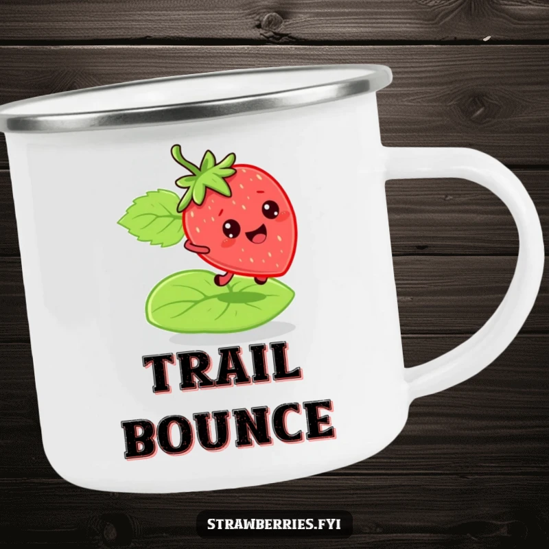 Funny bouncy strawberry camping mug with a character energetically bouncing on a green leaf, perfect for outdoor beverages with humorous fun.