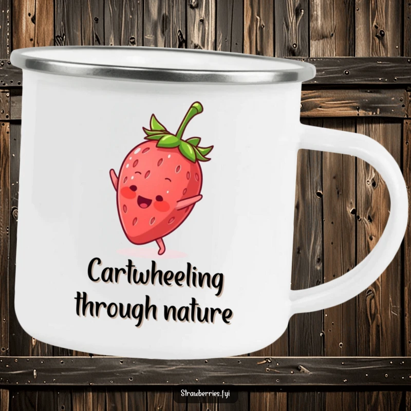 Funny camping mug with a cheerful anthropomorphic strawberry mid-cartwheel, ready for outdoor fun and beverages.