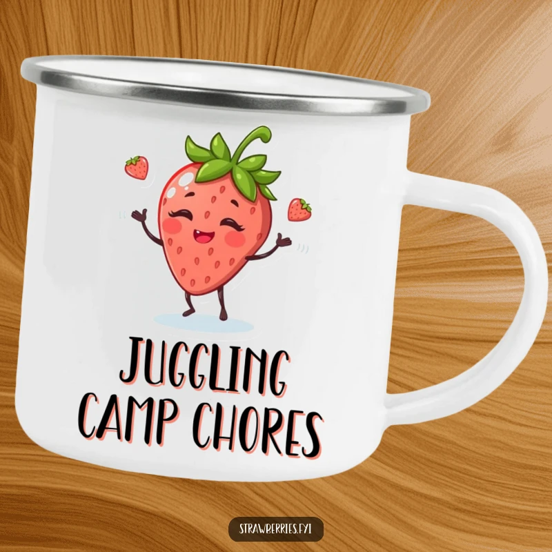 Funny camping mug with a giggling anthropomorphic strawberry juggling leaves, ready for outdoor fun and drinks.