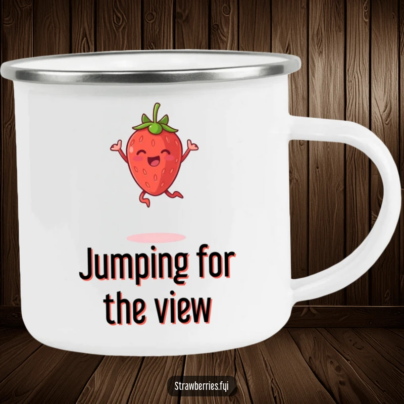 Funny camping mug featuring a delighted anthropomorphic strawberry jumping for joy, ready for outdoor fun.