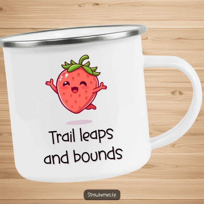Funny Camping Mug: Kawaii strawberry character joyfully leaping, ready for any outdoor adventure, durable and cheerful.