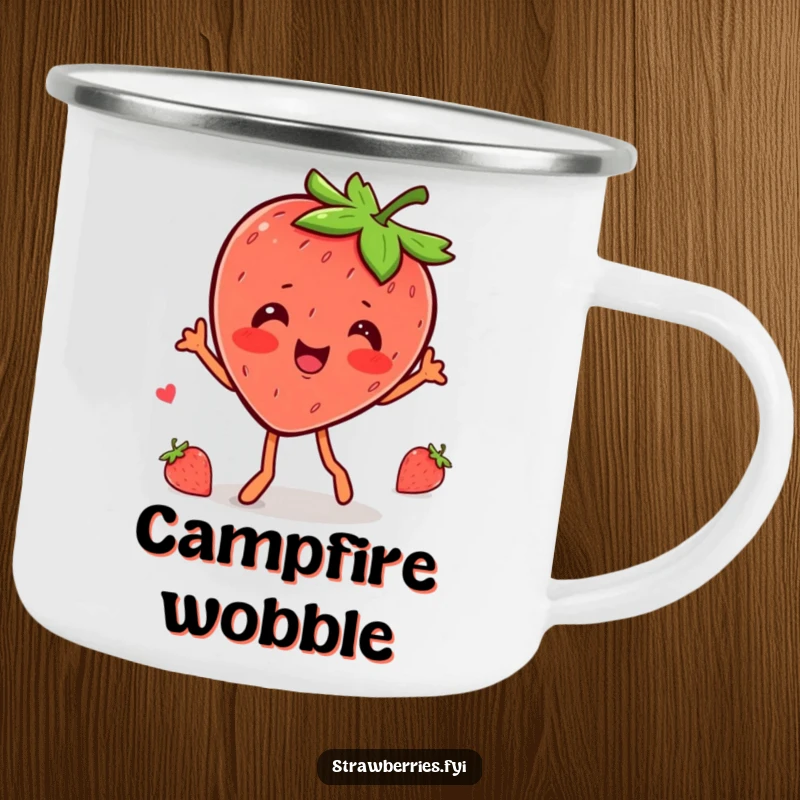 Funny kawaii strawberry character doing a happy wobble dance on this durable camping mug.