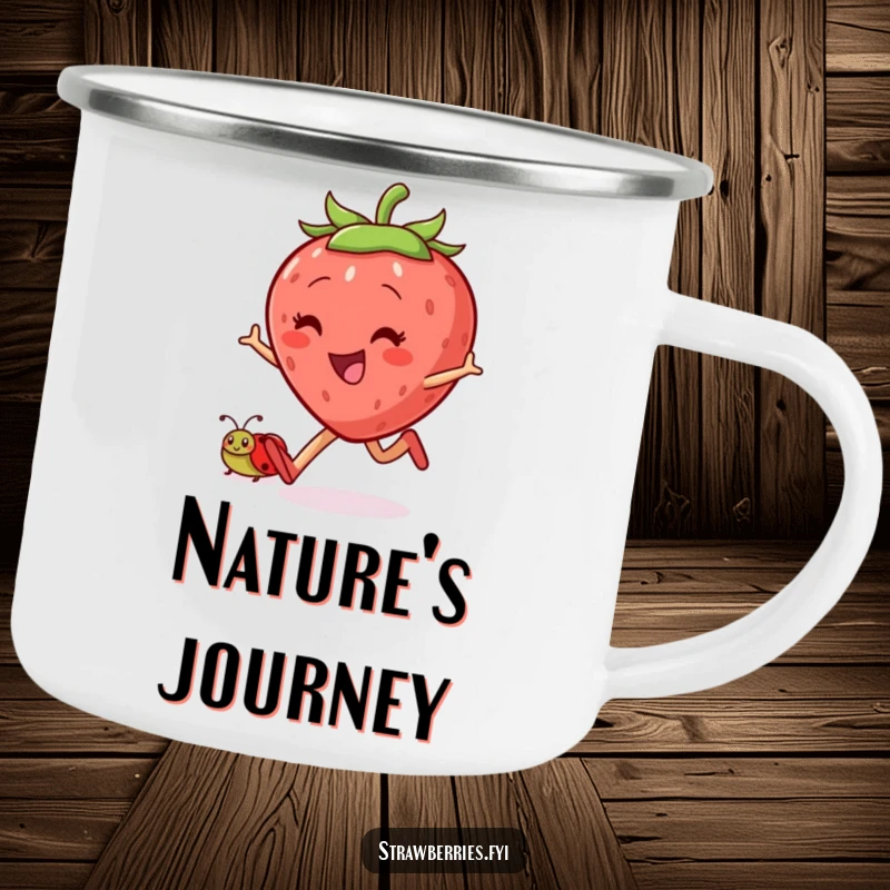 Funny skipping strawberry camping mug with a jovial character and ladybug companion, perfect for outdoor beverages with humorous joy.