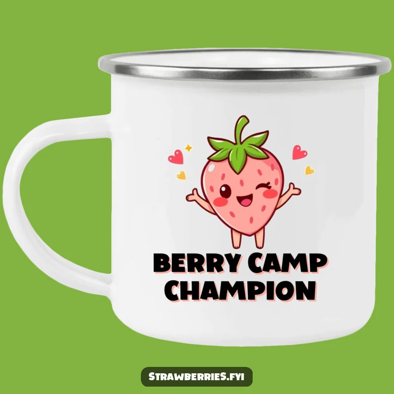 Funny Strawberry Camping Mug: Victory Pose, Winking Sips Gift