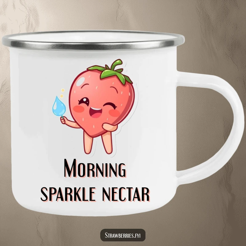 Funny camping mug: A happy strawberry character holding a sparkling dewdrop, perfect for outdoor enjoyment and cheerful humor.