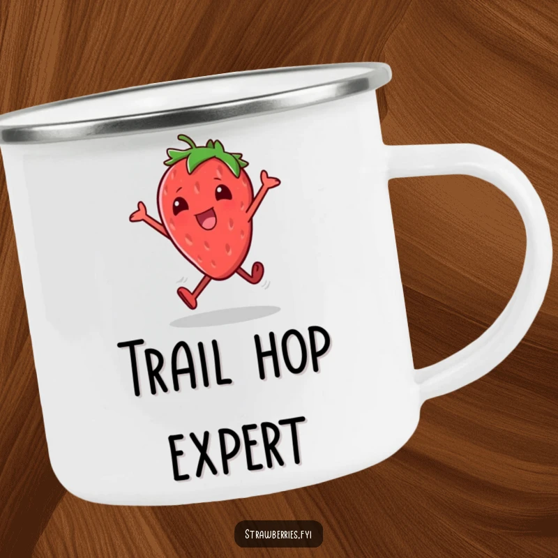 Funny camping mug illustrating a cheerful strawberry character doing excited little hops, perfect for outdoor adventures and energetic moments.