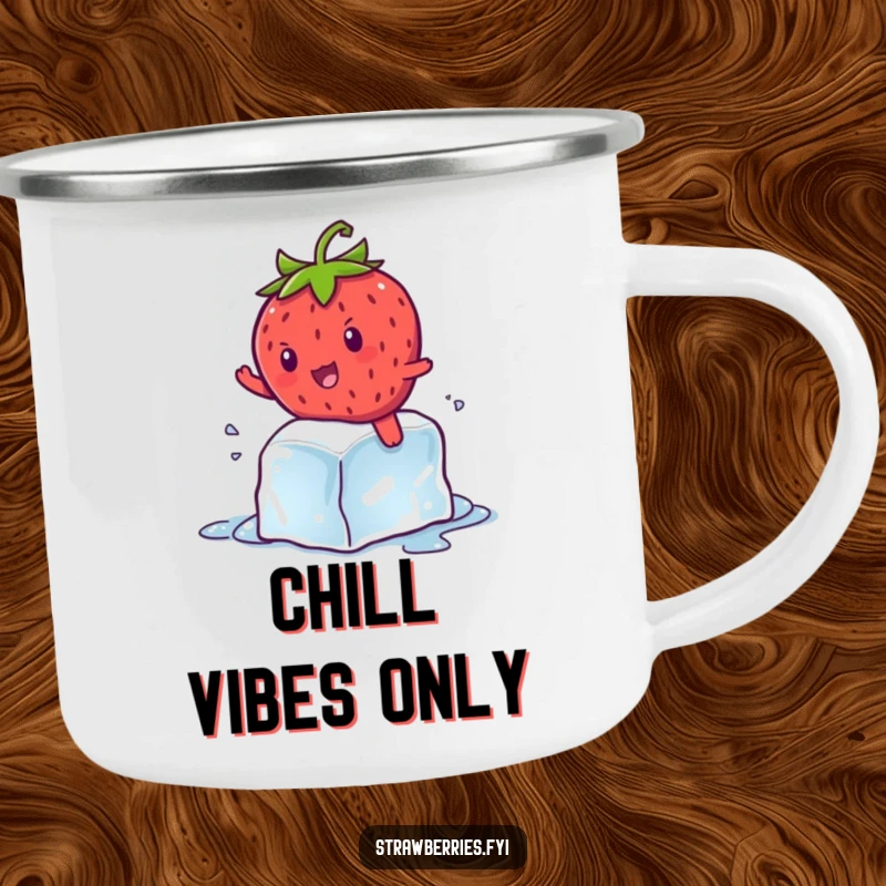 Funny kawaii strawberry character hilariously attempting to surf a melting ice cube, a durable and comical camping mug.