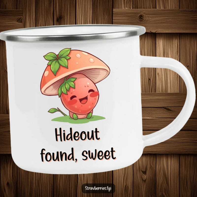 Funny camping mug with a giggling strawberry character under a mushroom, ideal for humorous outdoor sipping.