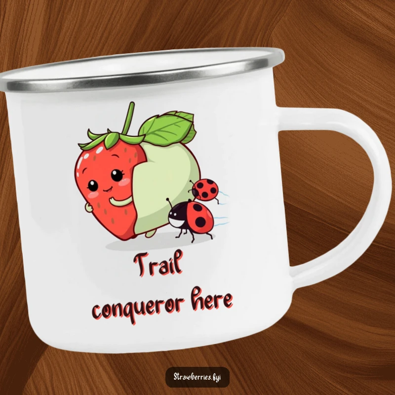Funny camping mug with a playful strawberry character racing a ladybug, ideal for humorous outdoor sipping.