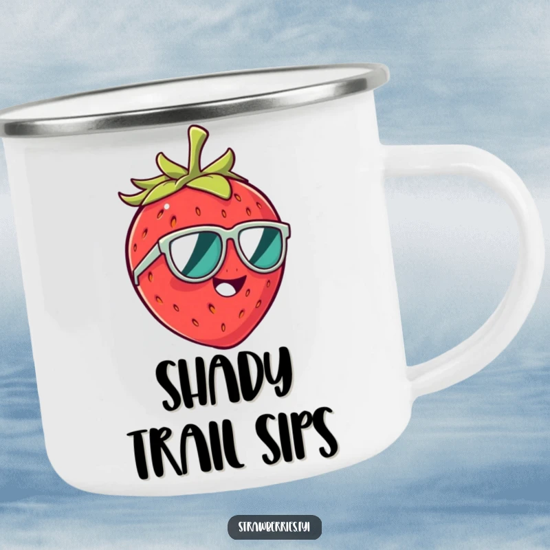 Funny camping mug: A giggling strawberry character wearing small sunglasses, perfect for outdoor enjoyment and laughter.