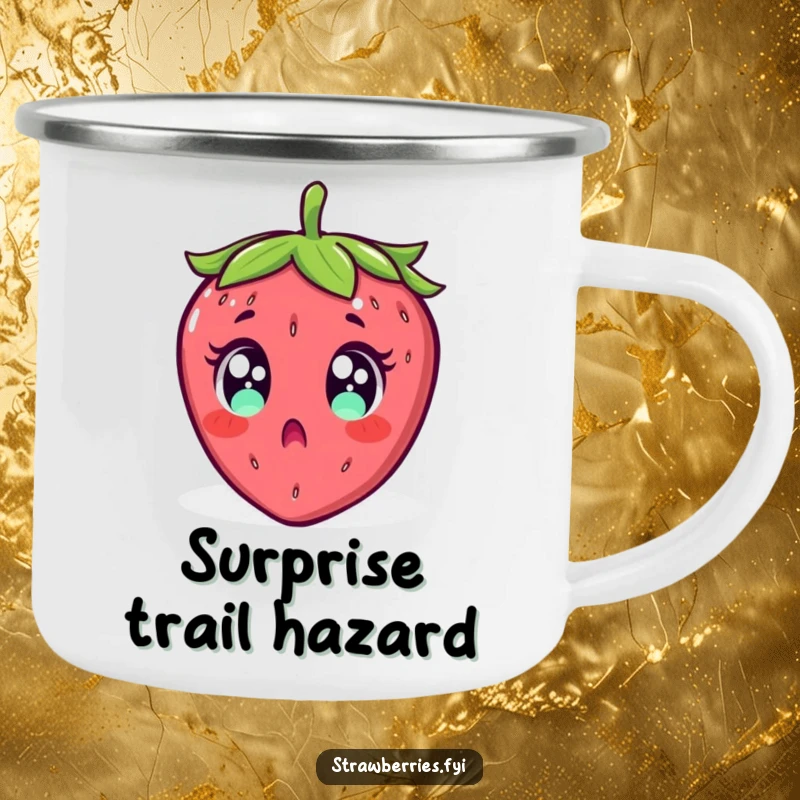 Funny camping mug featuring a surprised strawberry with wide eyes, comically falling backward, ready for campfire shocks.