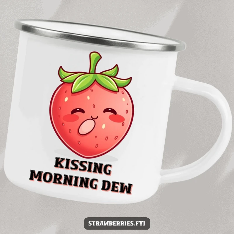Funny Kawaii Strawberry Camping Mug with a happy character puckering lips to give a tiny, sweet kiss during outdoor activities.