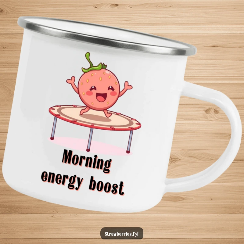 Funny cheerful strawberry character joyfully bouncing on a giant trampoline, a durable and comical camping mug.