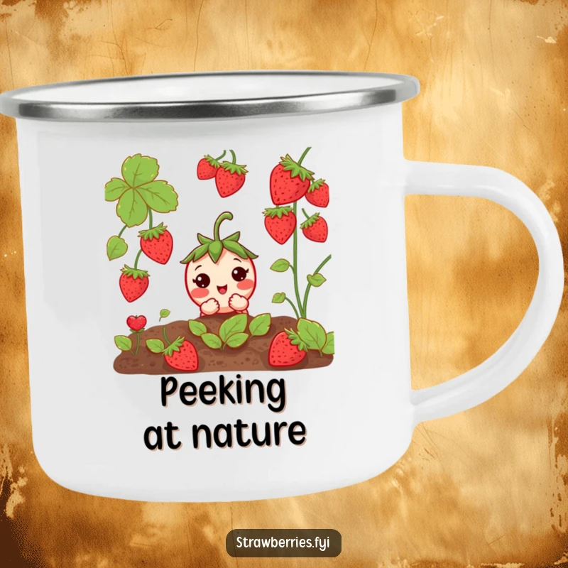 Funny Curious Strawberry Camping Mug: A shy strawberry peeking from a garden, designed for curious outdoor enjoyment.