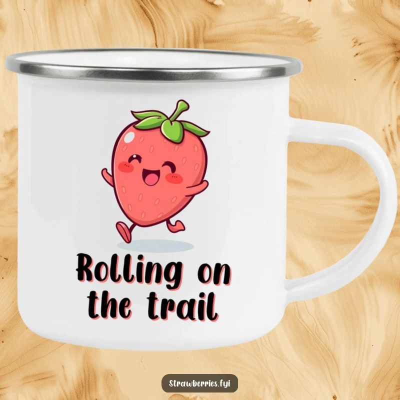 Funny Kawaii strawberry character rolling with glee on a rustic camping mug, great for outdoors.