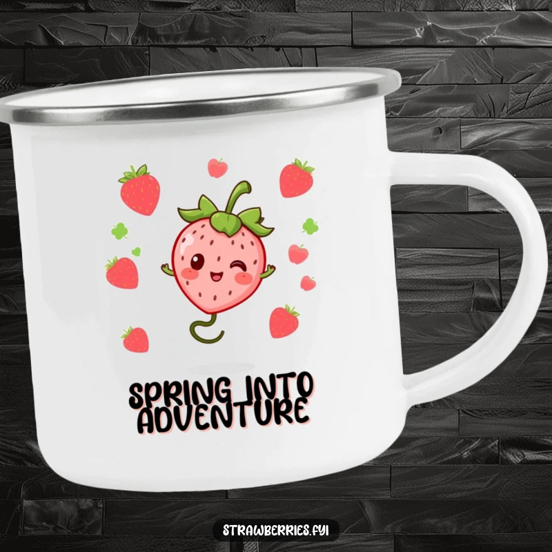Funny kawaii strawberry character bouncing on a springy stem on a rugged camping mug, built for outdoor fun and humorous refreshment.