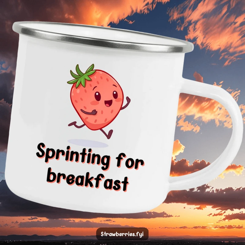 Funny enamel camping mug showing a strawberry with tiny legs sprinting towards a giant spoon, perfect for outdoor humor.