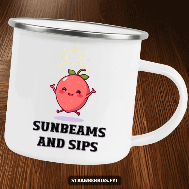 Funny cheerful kawaii strawberry dancing under a sunbeam on a rugged camping mug, built for outdoor fun and humorous refreshment.