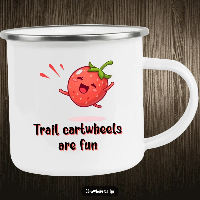 Funny strawberry camping mug showing a giddy fruit character doing a happy cartwheel with a red streak, humorous and durable for outdoor trips.