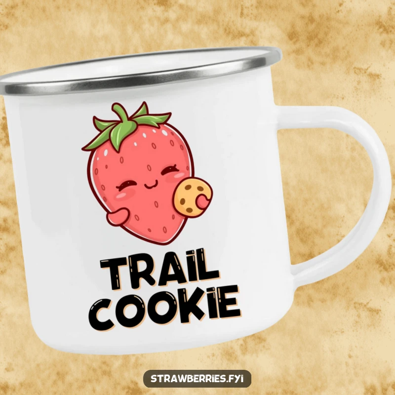 Funny kawaii strawberry character winking while holding a tiny cookie on this durable camping mug.
