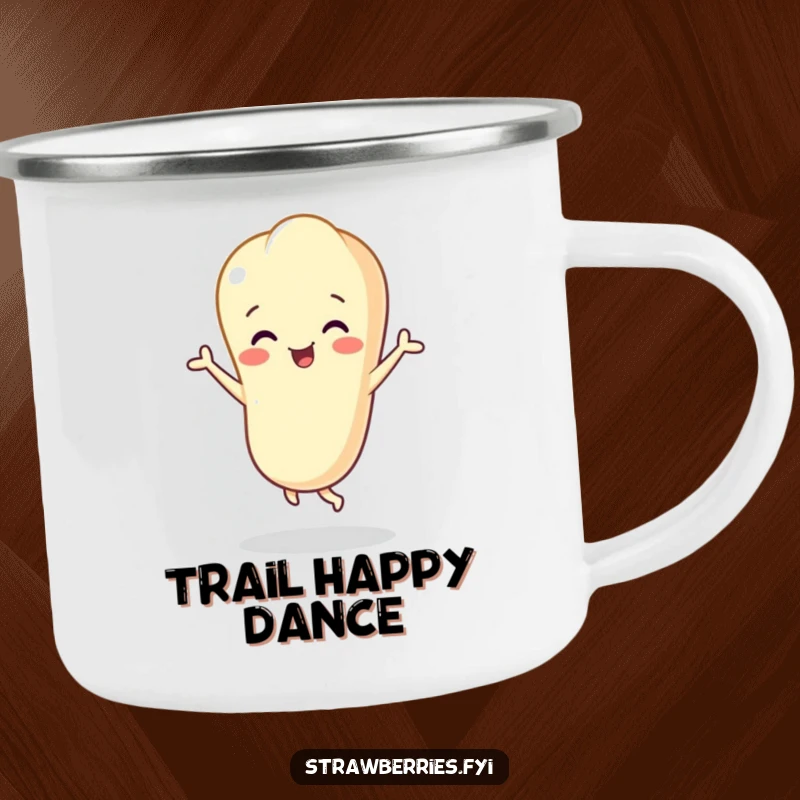 Funny vanilla bean character dancing enthusiastically, enamel camping mug, durable and cheerful outdoor accessory.