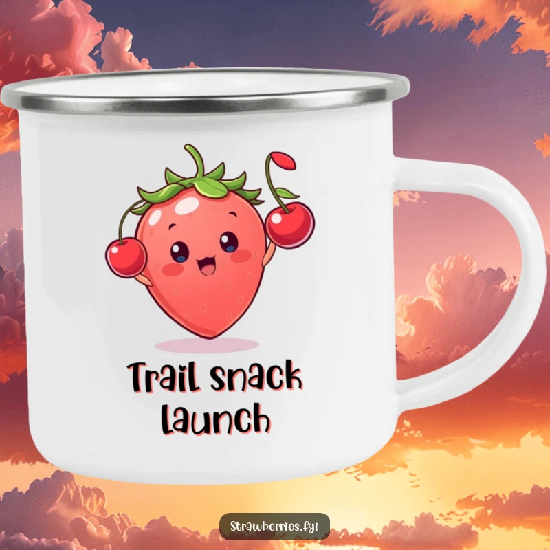 Funny strawberry character with glee tossing a miniature cherry, a durable and comical camping mug for outdoor enjoyment.