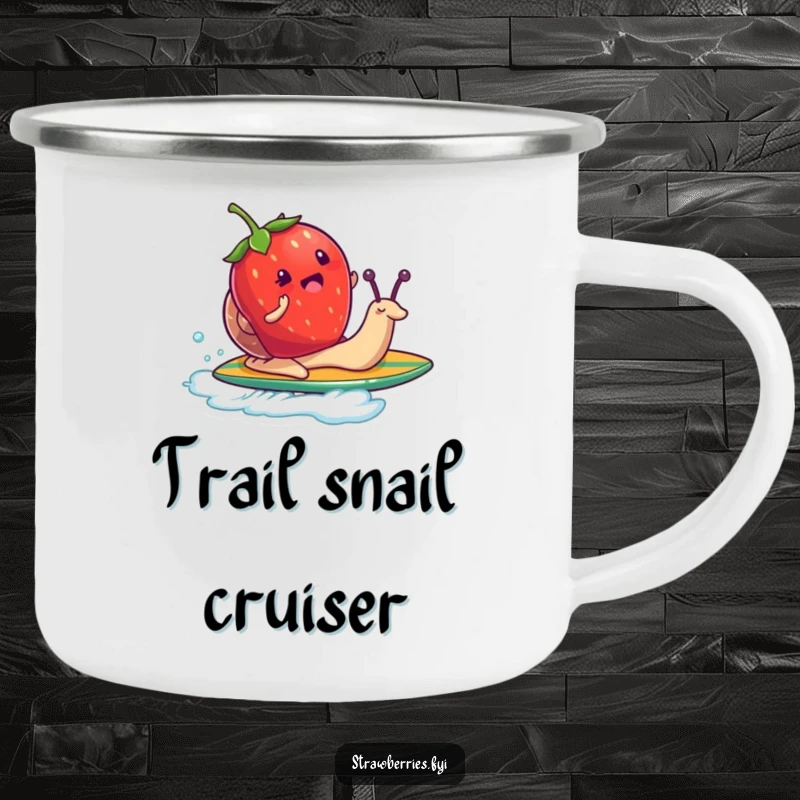 Funny camping mug featuring a strawberry character surfing on a snail like a surfboard, perfect for outdoor humor and beverages.