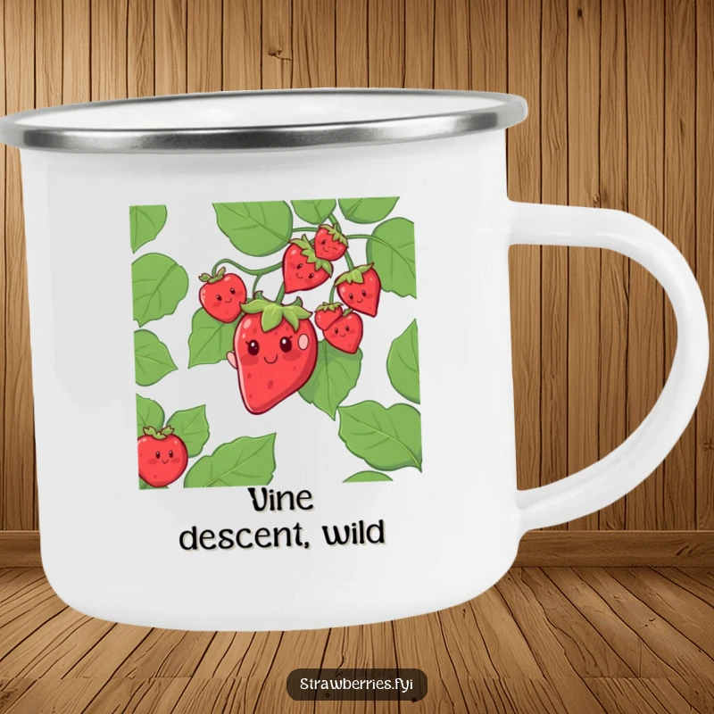 Funny camping mug showing a cheerful strawberry character sliding down a giant leafy vine, for adventurous outdoor fun.