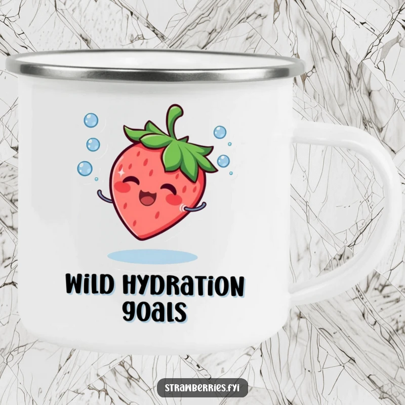 Funny Camping Mug showing a giggling strawberry character juggling tiny water droplets with a big, happy smile outdoors.