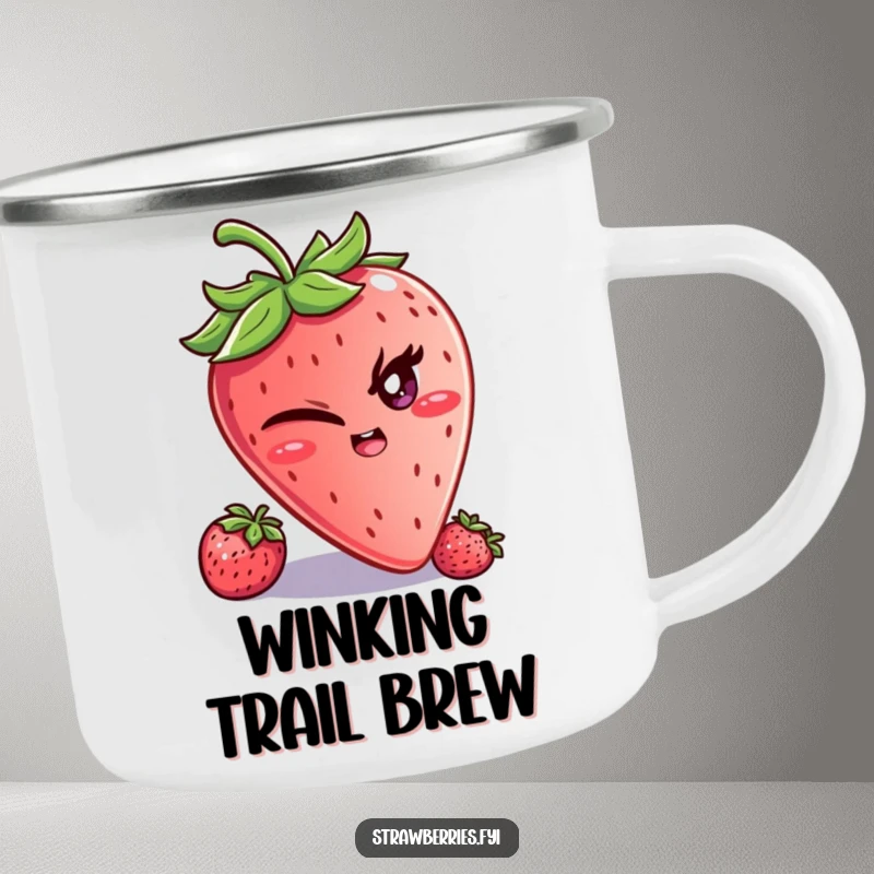 Funny camping mug: A winking strawberry character with a mischievous glint, perfect for outdoor enjoyment and cheeky humor.