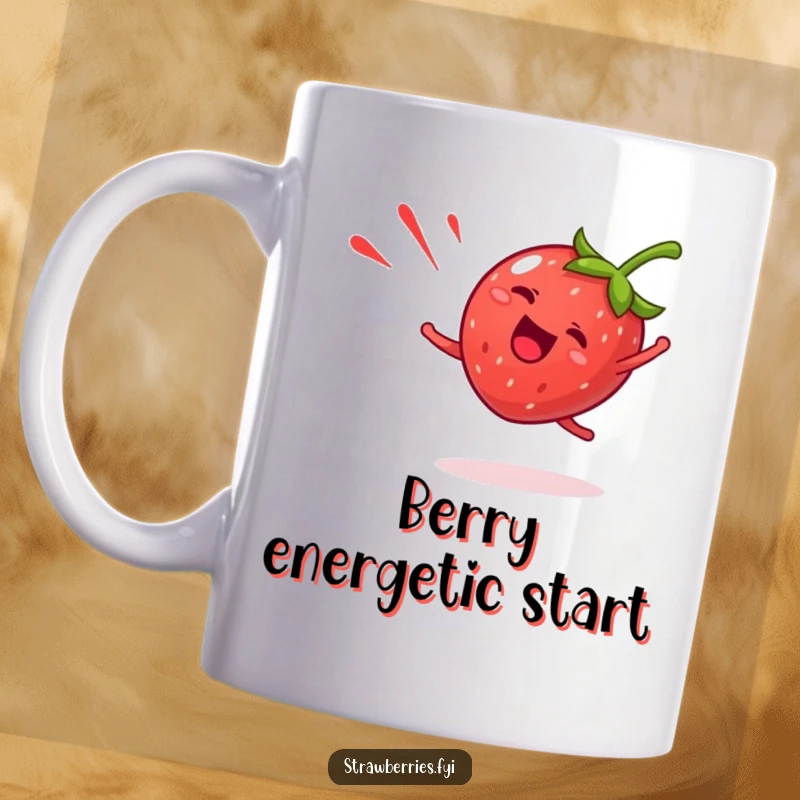 Funny strawberry mug featuring a giddy fruit character doing a happy cartwheel, leaving a red streak, full of movement.