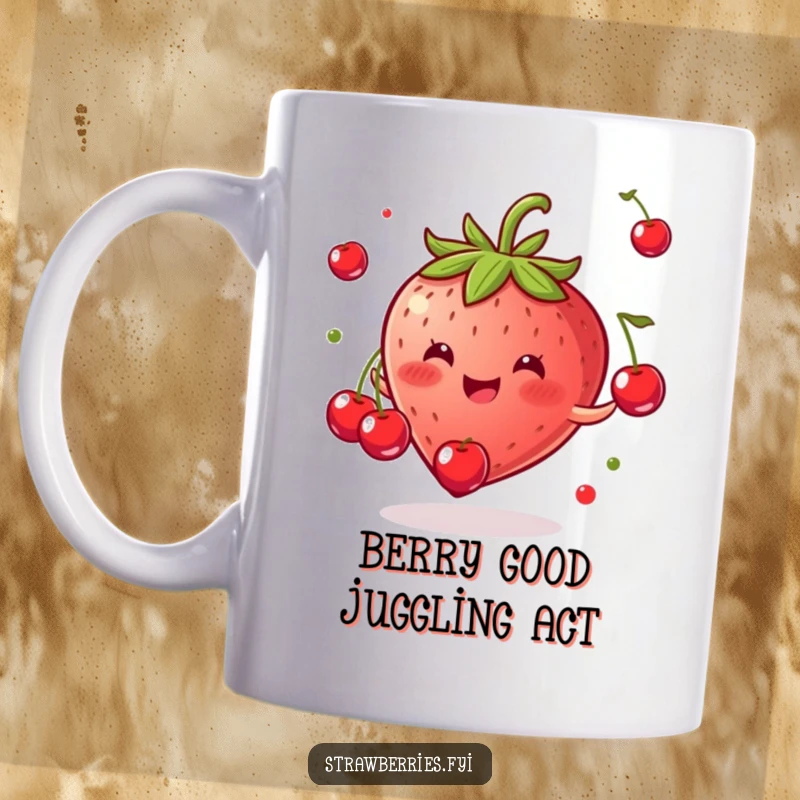 Funny mug featuring a gleeful strawberry with a wide smile, expertly juggling miniature cherries with its leaves.
