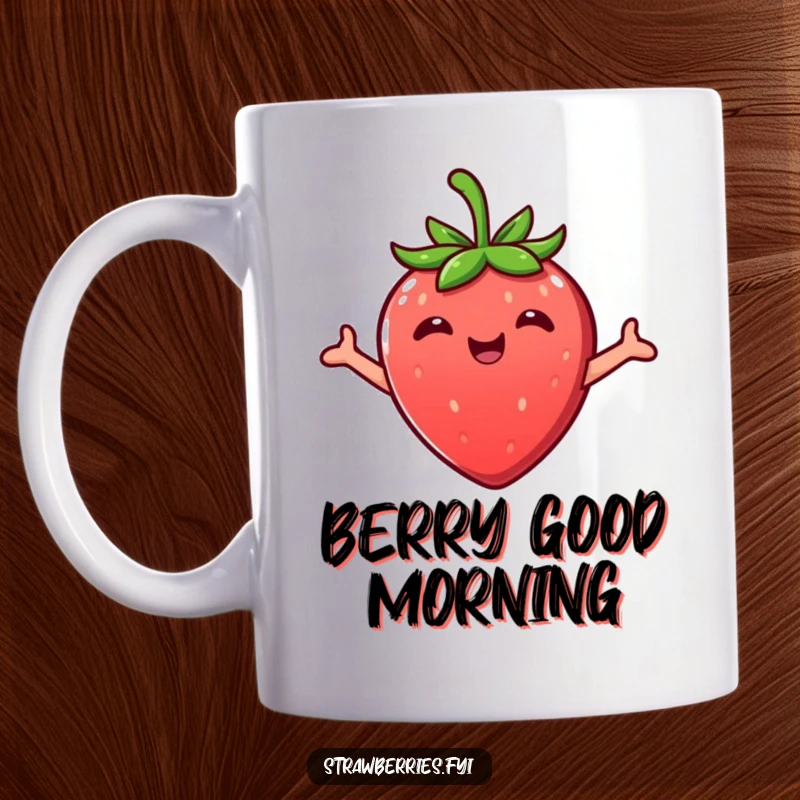 Funny Kawaii strawberry character with arms outstretched in a happy embrace on a mug, radiating sweetness.