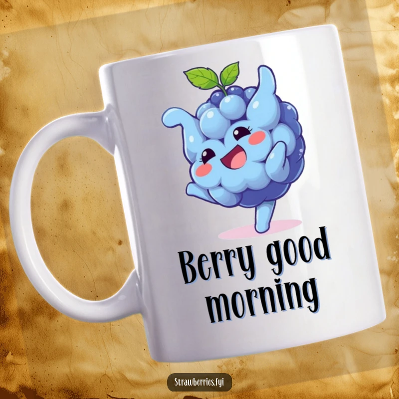 Funny Mug: A playful blueberry character joyfully performing a somersault with a wide, happy grin, radiating fruity fun.