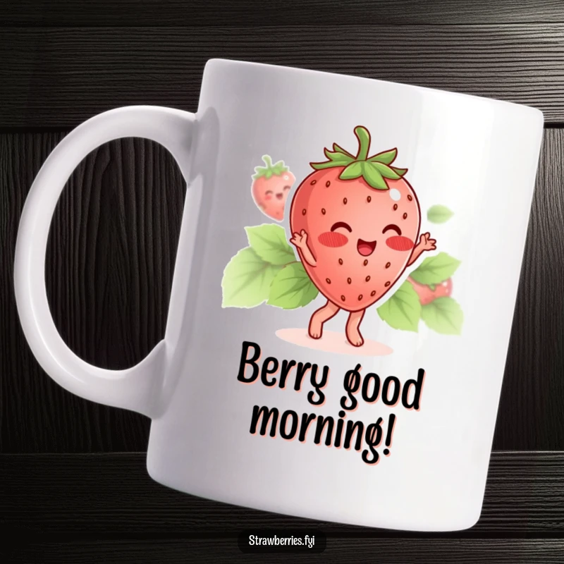 Funny mug featuring a blushing strawberry character doing a happy little dance with its leaves, bringing fruity joy.