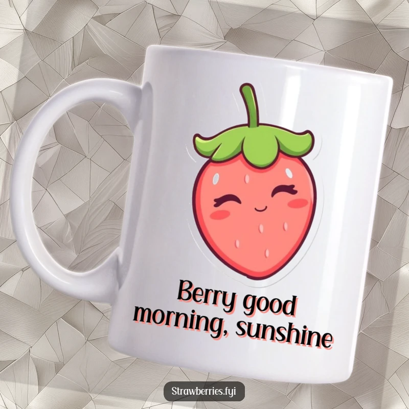 Funny winking kawaii strawberry character tipping its leafy cap with a playful smile on a ceramic coffee mug.