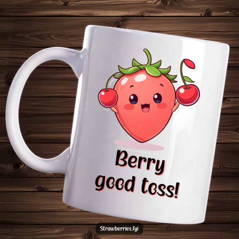 Funny strawberry character with a gleeful expression tossing a miniature cherry, a cheerful and fruity design on a mug.