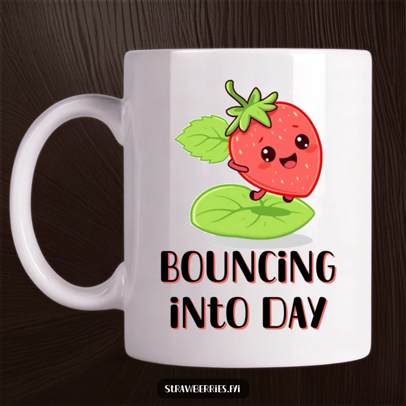 Funny bouncy strawberry character mug, joyfully leaping on a soft green leaf, symbolizing energy and fun, perfect gift.
