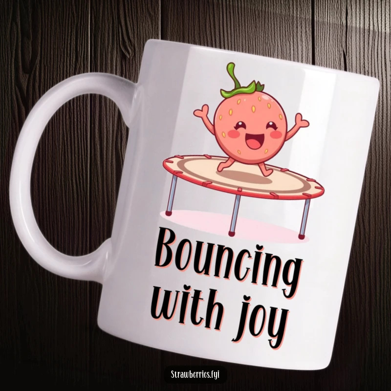 Funny cheerful strawberry character joyfully bouncing high on a giant trampoline, a vibrant and energetic design on a mug.