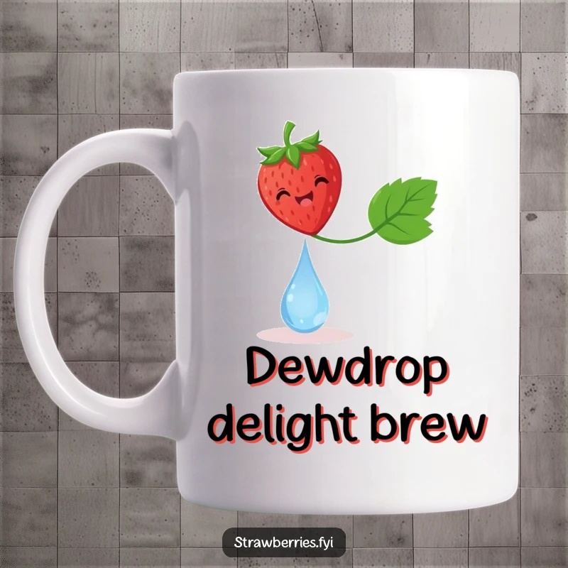 Funny mug showcasing a delighted strawberry perfectly balancing on a glistening dewdrop, with a blissful expression.