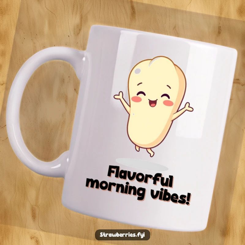 Funny vanilla bean character enthusiastically dancing, ceramic mug for a cheerful and humorous beverage holder.