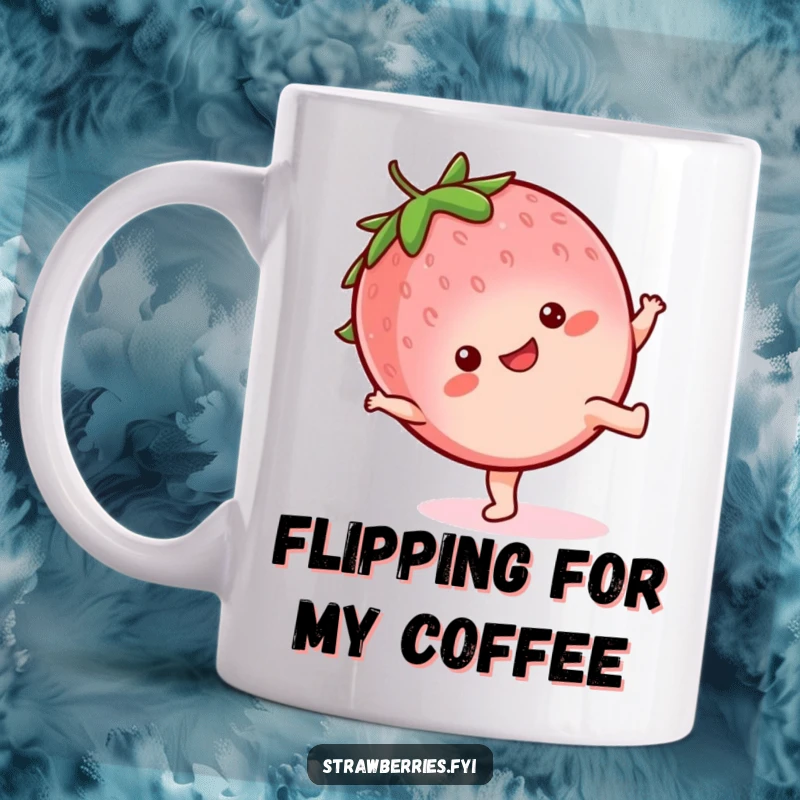 Funny Mug: Kawaii strawberry character with a bright happy expression, performing a cartwheel with joyful energy and momentum.