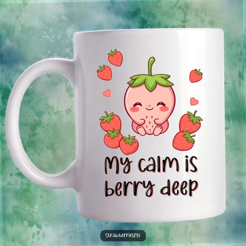 Funny mug with a content strawberry character sitting peacefully and smiling, radiating tranquility and simple happiness.