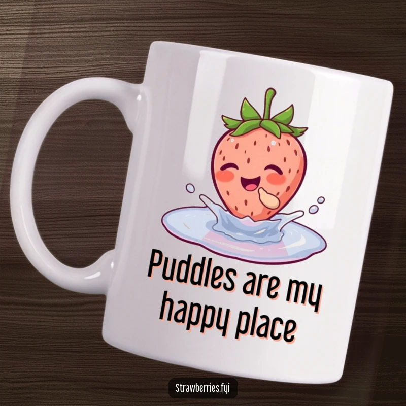 Funny mug with a giggling strawberry character joyfully splashing in a small puddle, expressing pure delight and playful energy.