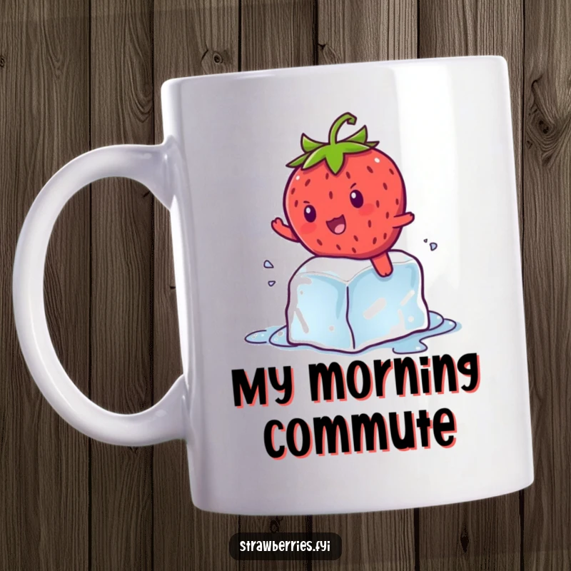 Funny kawaii strawberry character struggling to balance on a rapidly melting ice cube, a hilarious summer scene on a mug.