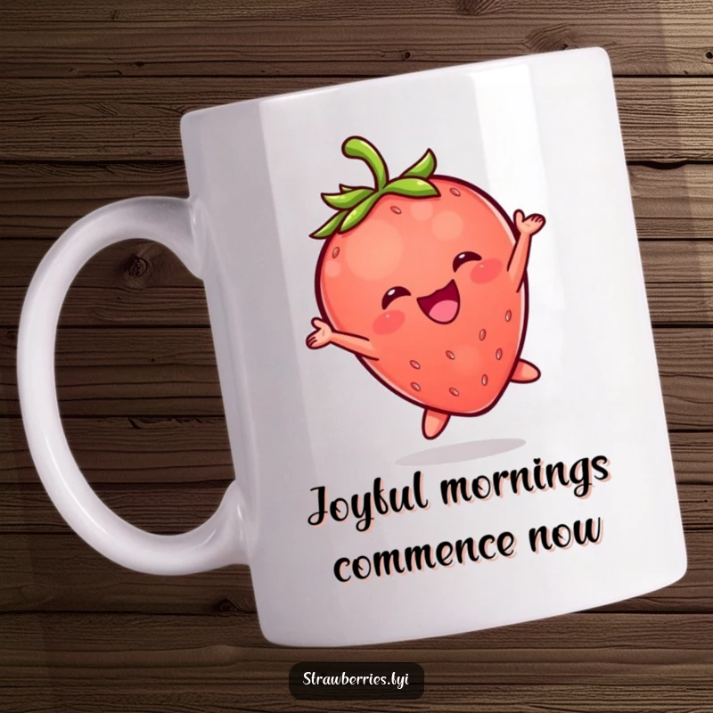 Funny mug featuring a delighted Kawaii strawberry character mid-air, leaping with pure, unadulterated joy and a wide smile.
