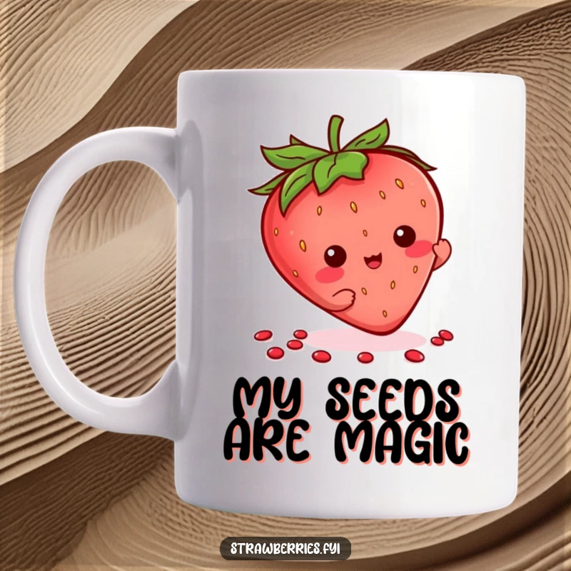 Funny Kawaii Strawberry Mug featuring a character playfully flourishing its seeds with a cheerful expression.