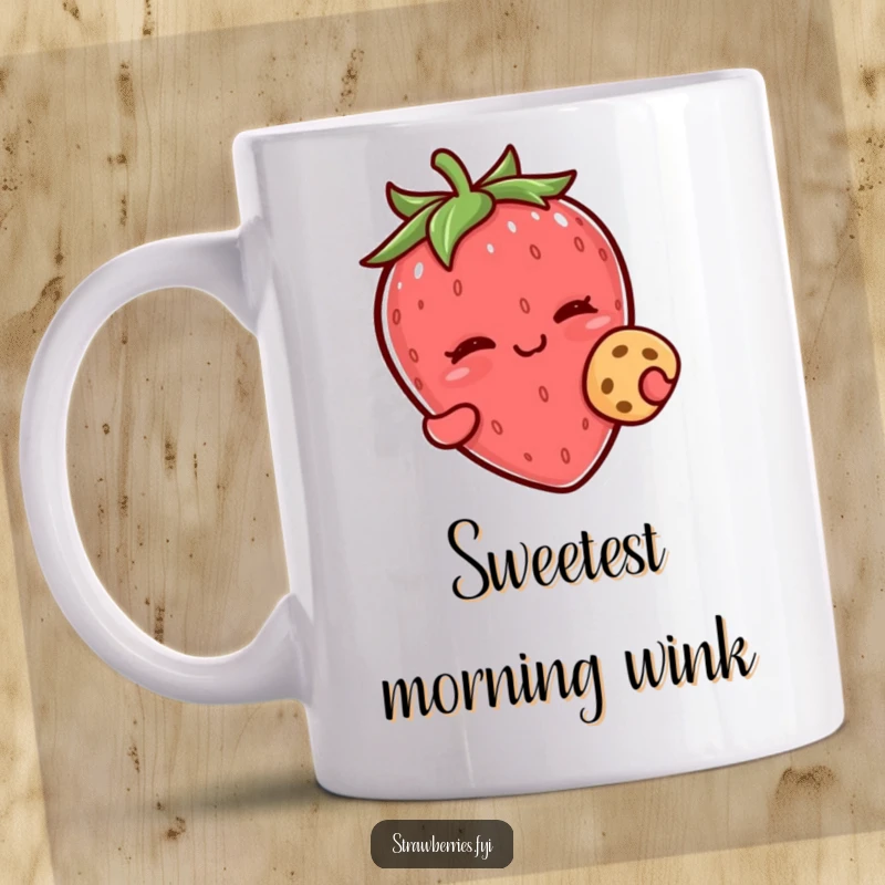 Funny kawaii strawberry character winking playfully while holding a tiny, delicious cookie on this mug.
