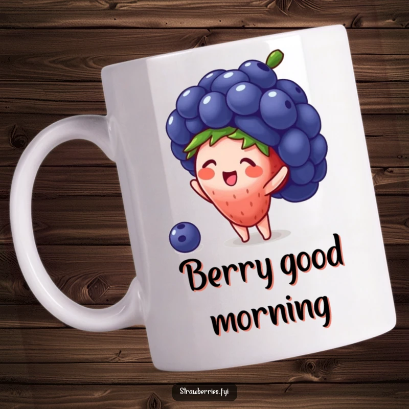 Funny mug of a tiny, smiling strawberry character gleefully attempting to wear an oversized blueberry as a hat, symbolizing big dreams and cute fashion.